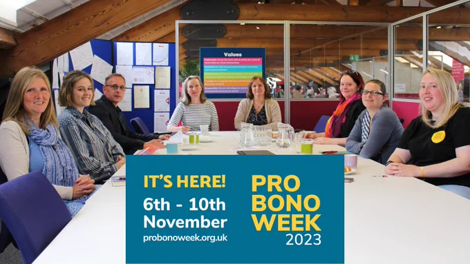 A group of people sit around a table at a fundraising advice breakfast with Richard Felton from Felton Fundraising. Text reads: It's HEre! 6th - 10th November Pro Bono Week 2023