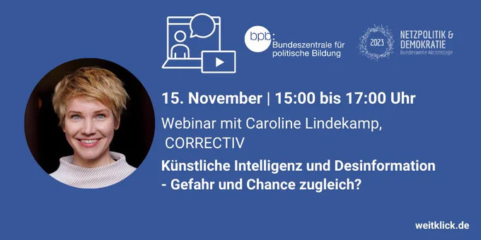 Rundes Bild von Federico Battaglia Grafik von Person in einem Bildschirm mit einer Sprechblase und einem Playbutton. 15. November | 15:00 bis 17:00 Uhr Webinar mit Caroline Lindekamp,  Correctiv. Künstliche Intelligenz und Desinformation - Gefahr und Chance zugleich? Kooperation mit der Bundeszentrale für politische Bildung statt und ist Teil der Bundesweiten Aktionstage Netzpolitik & Demokratie 2023. 