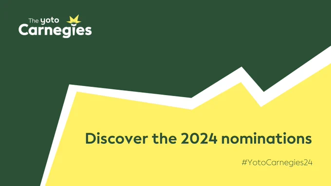 Image in Carnegies brand colours of green and yellow with text reading 'Discover the 2024 nominations. #YotoCarnegies24#