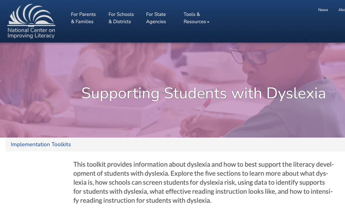 Screenshot of the Supporting Students with Dyslexia implementation toolkit on the NCIL website.