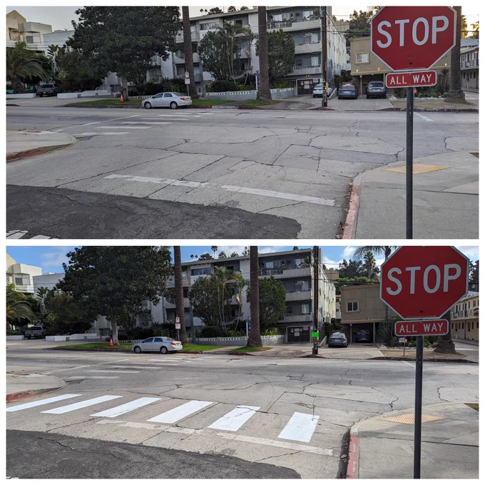 A before and after shot of a Hollywood intersection: Top shows the intersection without a marked crosswalk; bottom shows the same intersection with a painted crosswalk.