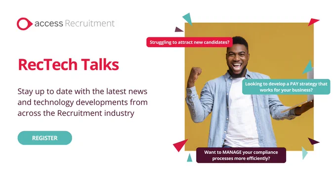 Text reads "RecTech Talks. Stay up to date with the latest news and technology developments from across the recruitment industry" next to an image of a cheering African-American man, in front of a yellow background.