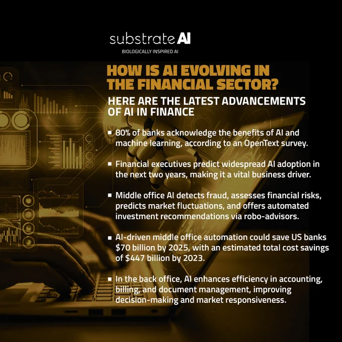 How is AI evolving in the financial sector?

80% of banks acknowledge the benefits of AI and machine learning, according to an OpenText survey.
Financial executives predict widespread AI adoption in the next two years, making it a vital business driver.
Middle office AI detects fraud, assesses financial risks, predicts market fluctuations, and offers automated investment recommendations via robo-advisors.
AI-driven middle office automation could save US banks $70 billion by 2025, with an estimated total cost savings of $447 billion by 2023.
In the back office, AI enhances efficiency in accounting, billing, and document management, improving decision-making and market responsiveness.