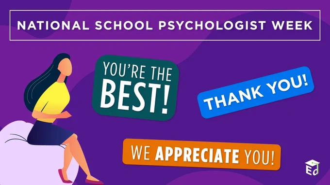  National School Psychologist Week week illustration featuring "thank you" messages to school psychologists.
