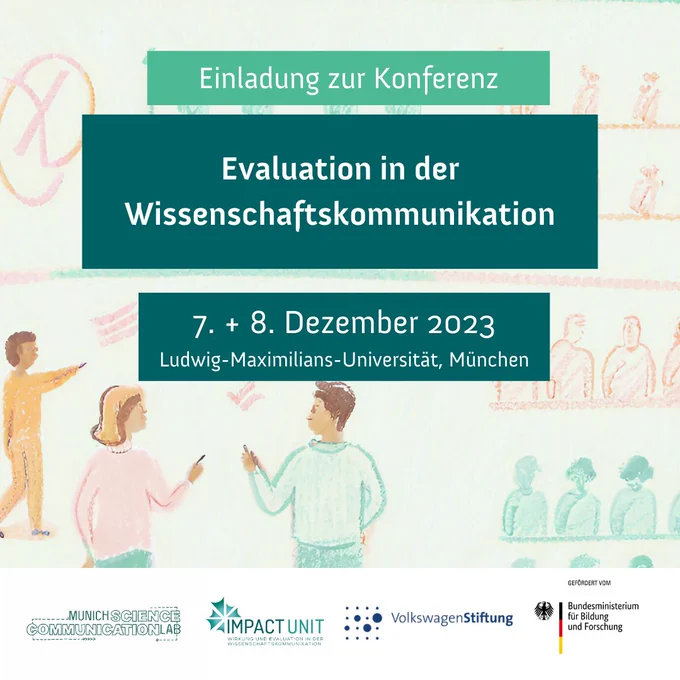 Einladung zur Konferenz "Evaluation in der Wissenschaftskommunikation". 7 8. Dezember 2023 Ludwig-Maximilians-Universität München. Logos Munich Science Communication Lab, Impact Unit, VolkswagenStiftung, BMBF. Bild: Mehrere Personen diskutieren Graphen, gemalt (Generiert mit Canva, Prompt: evaluation with graphs and highlighted figures)
