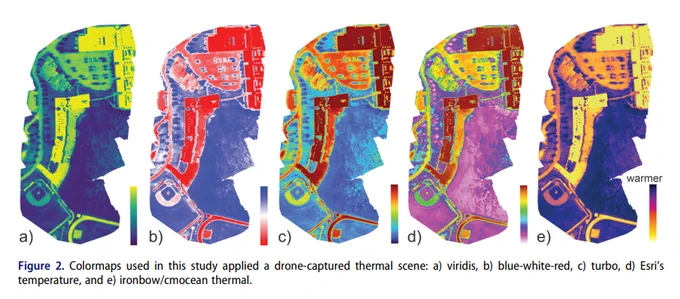 A series of thermal images, shown with different color schemes. 