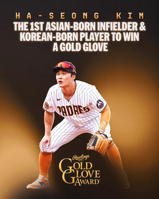 Ha-Seong Kim
The 1st Asian-born infielder & Korean-born player to win a Gold Glove
Pictured: A cutout of Kim preparing to field his position. He is wearing a white Padres uniform with brown and gold lettering. 