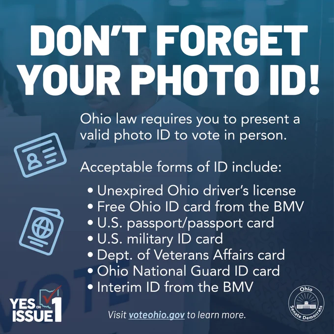 This is a blue graphic that reads, ‘DON’T FORGET YOUR PHOTO ID! Ohio law requires you to present a valid photo ID to vote in person. Acceptable forms of ID include:
Unexpired Ohio driver’s license
Free Ohio ID card from the BMV
U.S. passport/passport card
U.S. military ID card
Dept. of Veterans Affairs card
Ohio National Guard ID card
Interim ID from the BMV. Visit voteohio.gov to learn more.’
