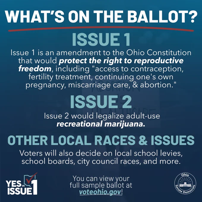 This is a blue graphic that reads, ‘What’s on the ballot? Issue 1: Issue 1 is an amendment to the Ohio Constitution that would protect the right to reproductive freedom, including "access to contraception, fertility treatment, continuing one's own pregnancy, miscarriage care, & abortion." Issue 2:  Issue 2 would legalize adult-use recreational marijuana. OTHER LOCAL RACES & ISSUES: Voters will also decide on local school levies, school boards, city council races, and more. You can view your full sample ballot at voteohio.gov!
