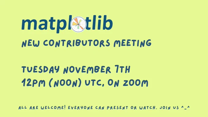 Matplotib logo at top, says new contributor meeting, Tuesday November 7, 12PM UTC, on Zoom - link is in Hackmd.
Bottom of card says all are welcome, everyone can present or watch, join us! 