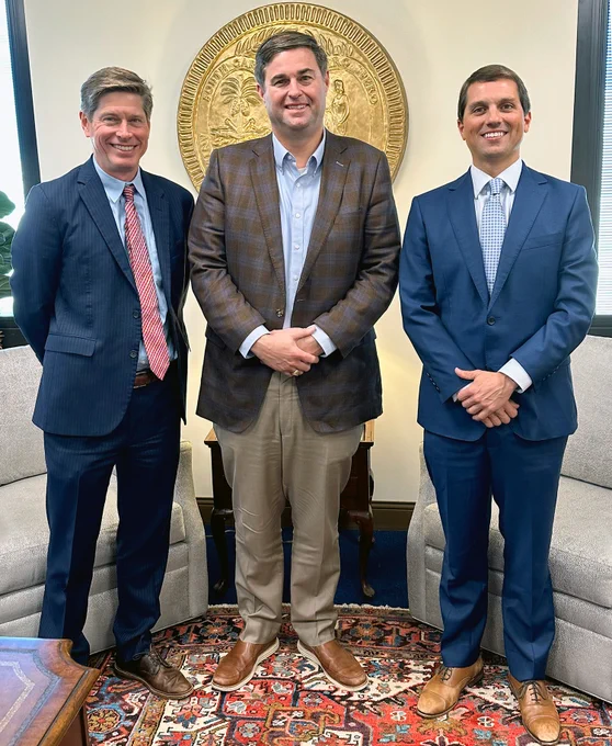 South Carolina Association of Counties Executive Director Tim Winslow (left) and Deputy Executive Director and General Counsel Josh Rhodes (right) meet with South Carolina House Speaker Rep. Murrell Smith (center) to discuss SCAC's legislative priorities during the upcoming 2024 legislative session.