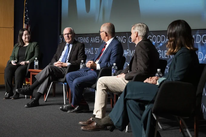 From left to right, moderator and Washington Post design reporter Shelly Tan, creator of the NASA worm logotype Richard Danne, Pentagram designer Michael Bierut, NASA entertainment and branding liaison Bert Ulrich, and Amazon Music head of live event merchandise Julia Heiser, participate in a panel discussion during a Richard Danne dedication event, Monday, Nov. 6, 2023, at the Mary W. Jackson NASA Headquarters building in Washington.  Photo Credit: (NASA/Keegan Barber)