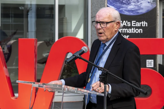 Richard Danne, creator of the NASA worm logotype, delivers remarks during a dedication event, Monday, Nov. 6, 2023, at the Mary W. Jackson NASA Headquarters building in Washington.  Photo Credit: (NASA/Keegan Barber)