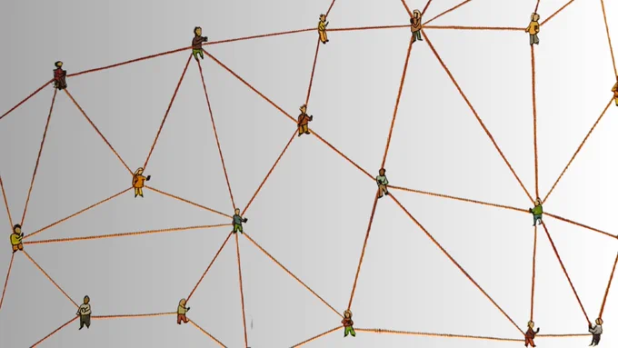 Image by Jamillah Knowles & Reset.Tech Australia / © https://au.reset.tech/ / Better Images of AI / Detail from Connected People / CC-BY 4.0.
Several small cartoon representations of people are linked by brown handdrawn lines representing a network.