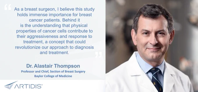 Headshot of Dr. Alastair Thompson. Text on image reads: As a breast surgeon, I believe this study holds immense importance for breast cancer patients. Behind it is the understanding that physical properties of cancer cells contribute to their aggressiveness and response to treatment, a concept that could revolutionize our approach to diagnosis and treatment.
Dr. Alastair Thompson
Professor and Chief, Section of Breast Surgery
Baylor College of Medicine