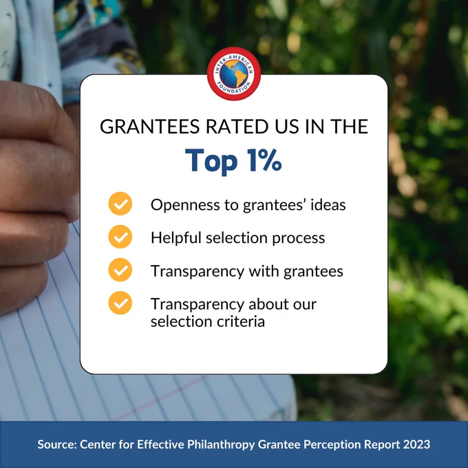 Our grantees rated us in the top 1% for:
our openness to grantees’ ideas,
our helpful selection process,
our transparency with grantees, and
our transparency about our selection criteria. 