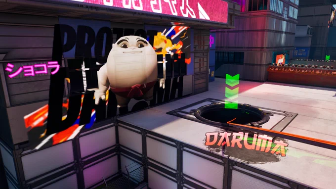 Daruma projected into wall infant of project Daruma logo. There’s a tunnel leading you down to continue race.