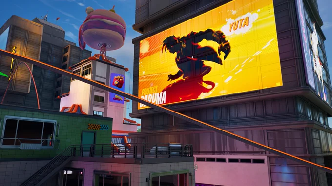 Image of futuristic sci-fi obstacle course island teasing Project Daruma "Yuta" on billboard next to burger shop.