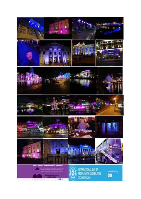 A 24 picture collage of building and places turned purple for #PurpleLights