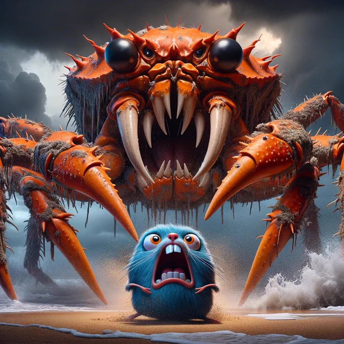 a monstrous crab scaring a little gopher. 