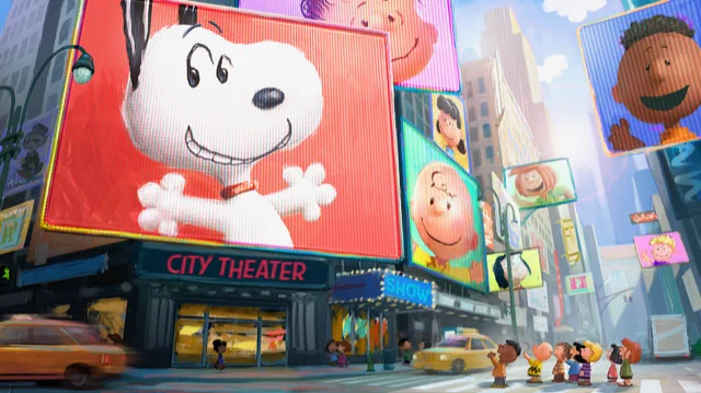 An image from the new Peanuts movie. The Peanuts gang is standing in the middle of a busy intersection in the city looking up at Snoopy on a billboard.