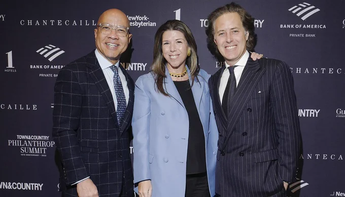 Darren Walker, Town & Country magazine Editor-in-Chief Stellene Volandes and David Lauren pose together at Town & Country Philanthropy Summit