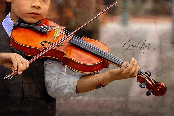 Photograph artwork of a young boy and his violin, in shades of brown and soft orange and a muted digital overlay.  Creative art from the Fine Art Gallery of Shelia Hunt at shelia-hunt.pixels.com
