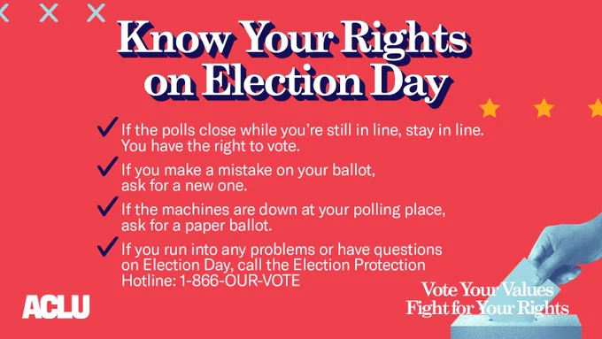 A red graphic with text that reads "Know your rights on election day
If the polls close while you're still in line, stay in line – you have the right to vote.
If you make a mistake on your ballot, ask for a new one.
If the machines are down at your polling place, ask fr a paper ballot.
If you run into any problems or have questions on Election Day, call the Election Protection Hotline: 1-866-OUR-VOTE"
In the bottom left is a white ACLU logo, and in the bottom right reads "vote your values, fight for your rights" over a graphic of a hand putting a ballot into a ballot box.
There are graphics of stars, exes, and check marks on the graphic.