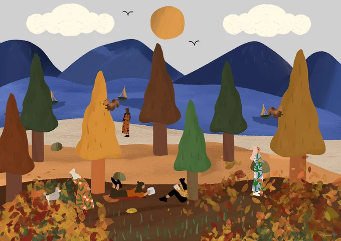 Autumn Salon artwork by Yani Putrii - an illustrated pastoral scene in autumnal colours. Birds in the sky, trees, readers enjoying the place lean on tress and blankets, there are dogs, sunshine, hills, squirrels and lots of orange leaves. A lake in the distance has sail boats.