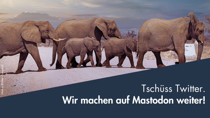 Fünf Elefanten überqueren eine Straße von links nach rechts. Im Bild steht der Text "Tschüss Twitter. Wir machen auf Mastodon weiter!"