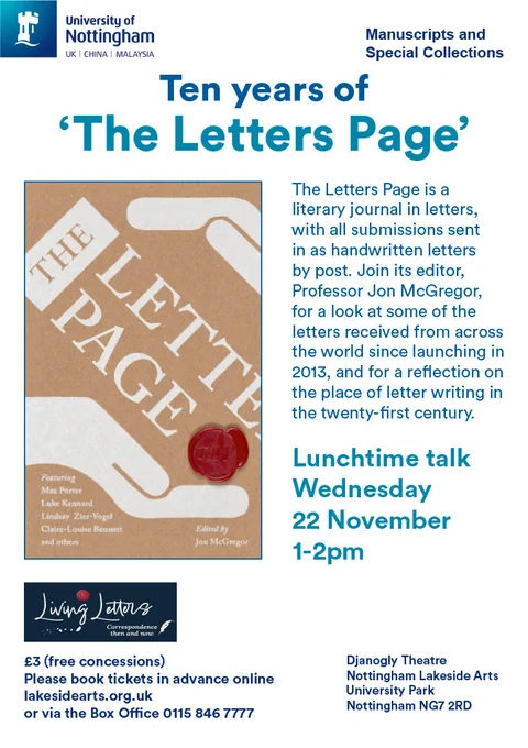Poster advertising a talk celebrating 'Ten Years of The Letters page' on Wednesday 22 November, 1-2pm 
