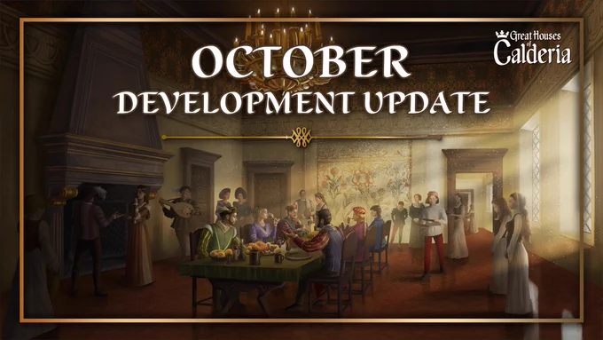 Great Houses of Calderia - October Development Update. An artwork of a courtroom where nobles are dining surrounded by servants. A strong light is coming from the right side of the image, illuminating the room.