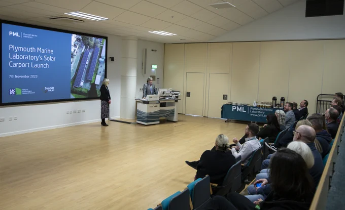 PML's Chief Executive, Prof. Icarus Allen, and Director of Operations, Beverly Tremain, welcome launch guests, including: Dani Durston from NERC/UKRI; SunGift employees who were involved in the project, and Stuart Elford (Devon & Plymouth Chamber of Commerce). 