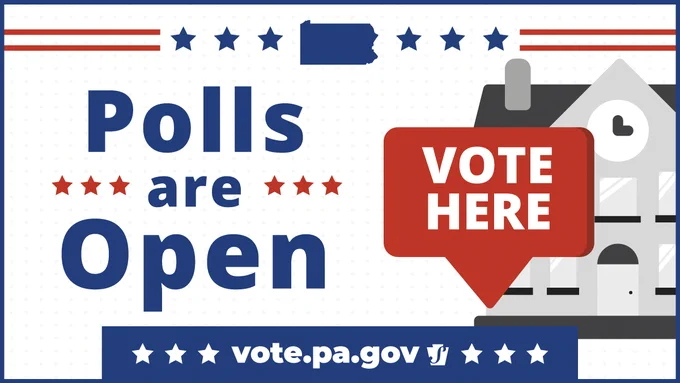 Polls are open. Illustration of building with vote here sign.