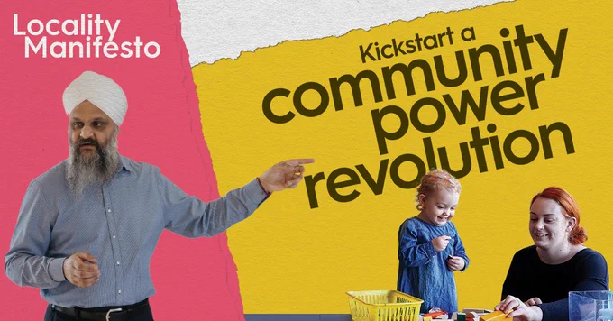 Image of man, child and woman with text "Locality Manifesto: Kickstart a community power revolution"