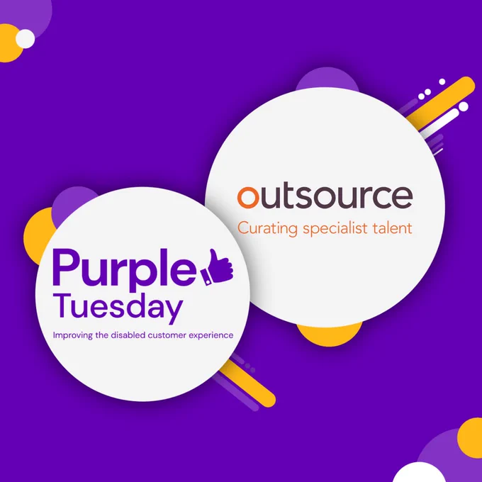Purple Tuesday logo with the words 'improving the disabled customer experience' underneath with our Outsource UK logo next to it.