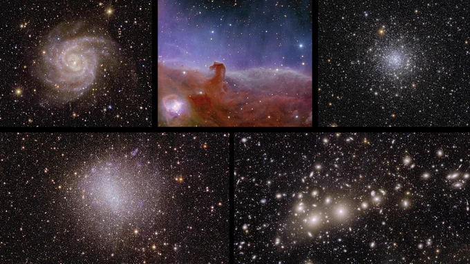 A collage of all five Euclid images showing: the Perseus Cluster of galaxies, spiral galaxy IC 342, irregular galaxy NGC 6822, globular cluster NGC 6397 and the Horsehead Nebula