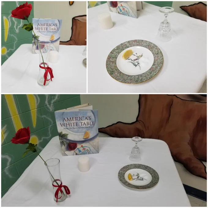 3 photo collage of a table with a white tablecloth, a plate, a rose in a vase, lemon, a salt shaker, an inverted glass and the book, America's White Table propped on the table.