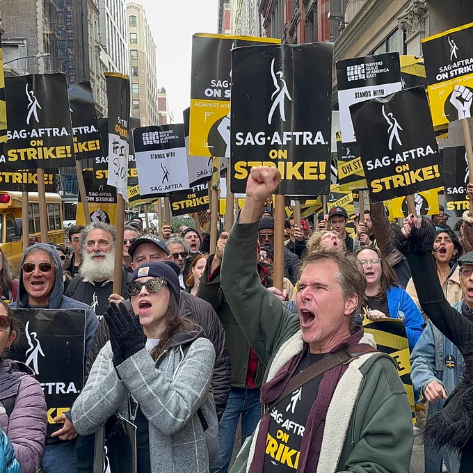 A large crowd of SAG-AFTRA members and supporters on the picket line with black, white, and yellow SAG-AFTRA on Strike sign. 