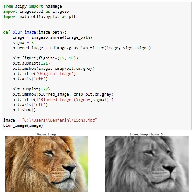 from scipy import ndimage
import imageio.v2 as imageio
import matplotlib.pyplot as plt


def blur_image(image_path):
    image = imageio.imread(image_path)
    sigma = 5
    blurred_image = ndimage.gaussian_filter(image, sigma=sigma)

    plt.figure(figsize=(15, 10))
    plt.subplot(121)
    plt.imshow(image, cmap=plt.cm.gray)
    plt.title('Original Image')
    plt.axis('off')

    plt.subplot(122)
    plt.imshow(blurred_image, cmap=plt.cm.gray)
    plt.title(f'Blurred Image (Sigma={sigma})')
    plt.axis('off')
    plt.show()

image = ""
blur_image(image)