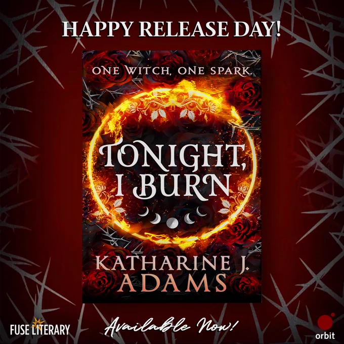 Happy book release day graphic with the cover of tonight I burn in the center.
