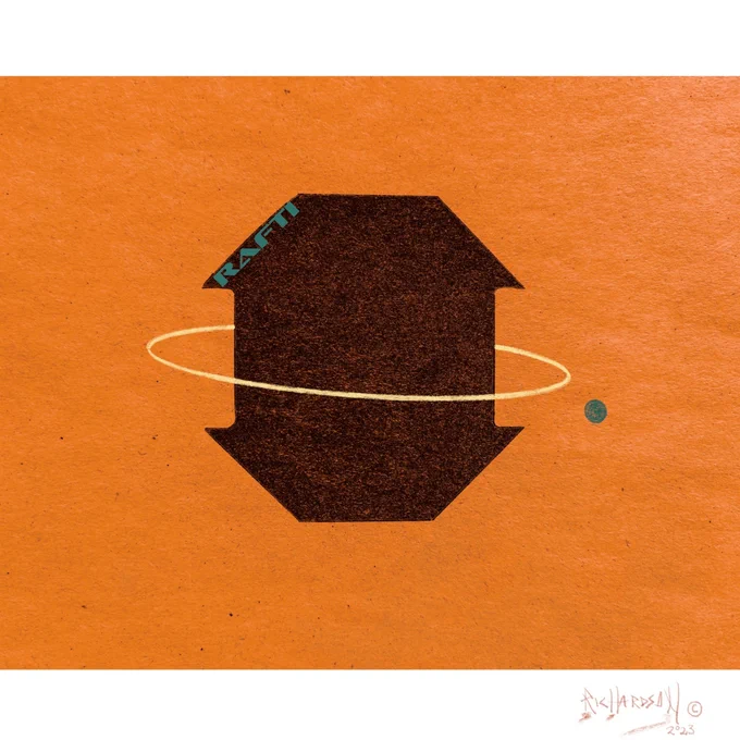 Painting with orange background and RAFTI silhouette with an orbit around it