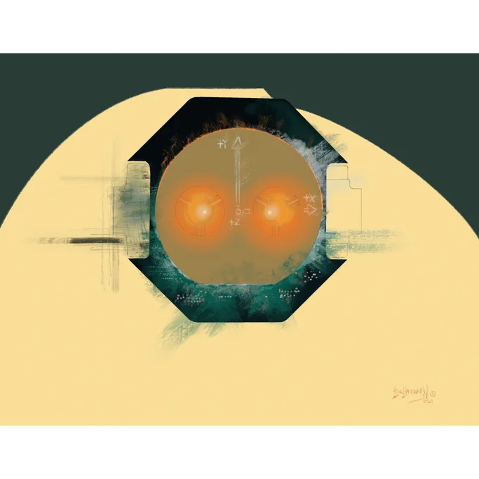 Painting of RAFTI on beige and dark green background with glowing orange valve cores