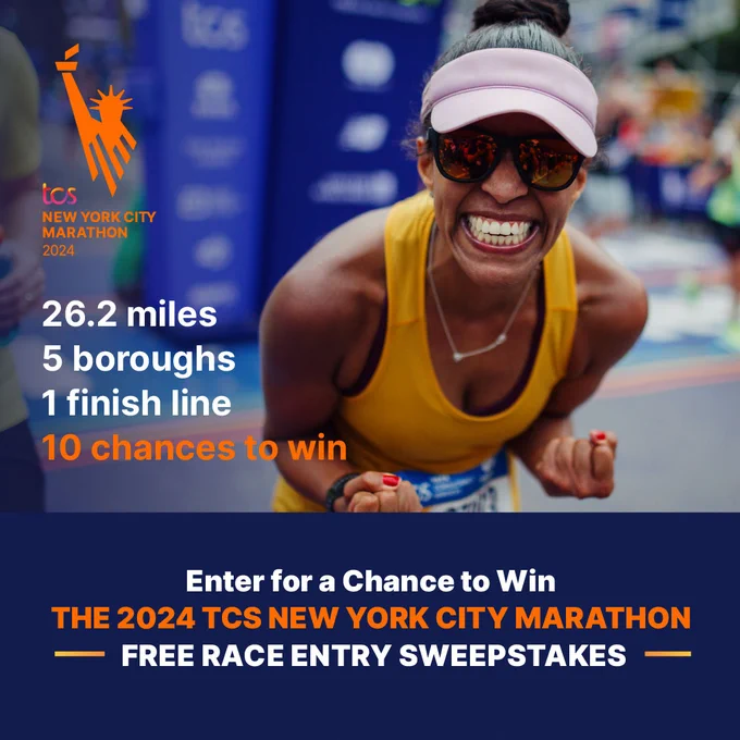 A photo of a runner at the finish line of the 2022 TCS New York City Marathon with text that reads, "Enter for a Chance to Win the 2024 TCS New York City Marathon Free Race Entry Sweepstakes