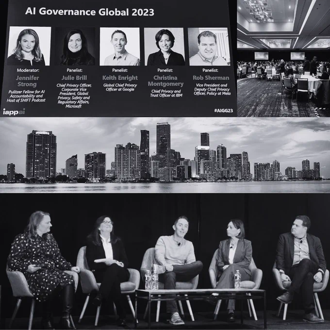 Collage of images. In the top left is an image of the panelist slide. It reads "AI Governance Global 2023. Moderator: Jennifer Strong. Pulitzer Fellow for AI Accountability and Host of SHIFT Podcast. Panelist: Julie Brill. Chief Privacy Officer, Corporate Vice President, Global Privacy, Safety and Regulatory Affairs, Microsoft. Panelist: Keith Enright. Global Chief Privacy Officer at Google. Panelist: Christina Montgomery. Chief Privacy and Trust Officer at IBM. Panelist: Rob Sherman. Vice President and Deputy Chief Privacy Officer, Policy at Meta. iappai #AIGG23." In the top right, there is an image of the conference room. In the middle is an image of the Boston skyline. The bottom image includes Jennifer Strong, Julie Brill, Keith Enright, Christina Montgomery, and Rob Sherman on stage. 