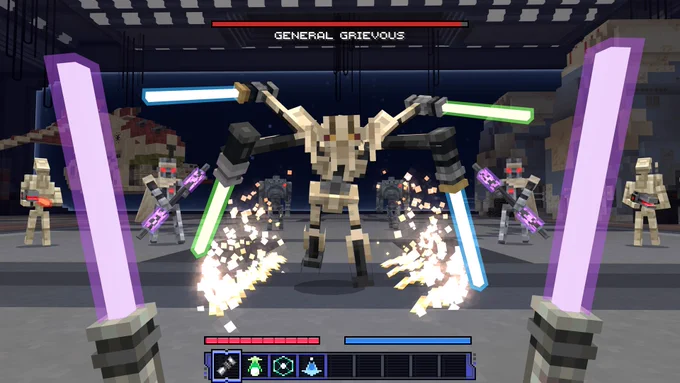 A first-person view of a battle with General Grievous in Minecraft.