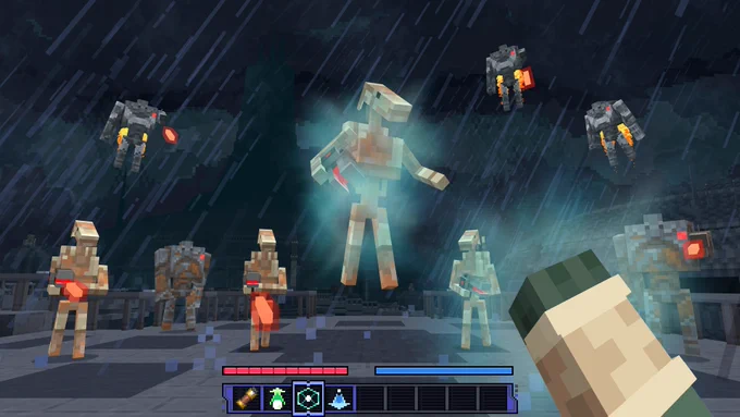 A first-person view of a player in Minecraft surrounded by armed B1 and B2 droids. The B1 Droid in the centre of the frame is being lifted off the ground by the player using the Force.