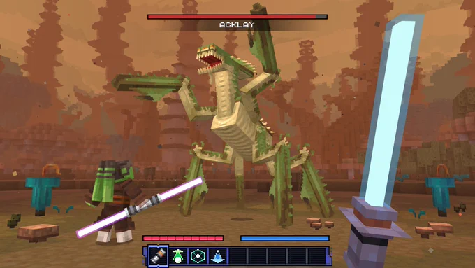 An Acklay roars and raises its front legs to attack a Minecraft player wielding a lightsaber.