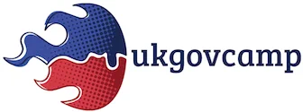 The UK Gov Camp logo looks like a fireball. Running through the middle is a white line that looks like the River Thames. Above the line is coloured blue, and below the line is coloured red. 