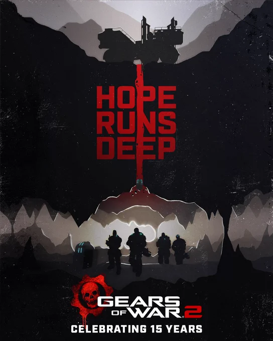 Illustration to celebrate the Gears of War 2 15-year anniversary. Silhouettes of Delta Squad can be seen inside the Hollow with a Grindlift and an Assault Derrick above them. The illustration is made up of black, grey and white tones. Text reads: Hope Runs Deep. Gears of War 2, Celebrating 15 Years.